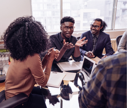 A team leads a media training for a strategic client.